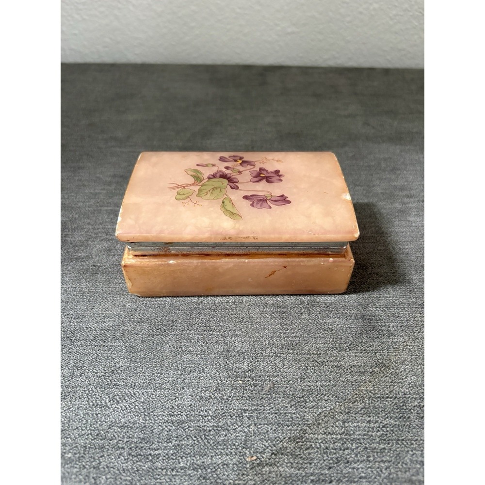 Vintage Italian Pink Alabaster Jewelry Trinket Box Painted Floral Lid Italy